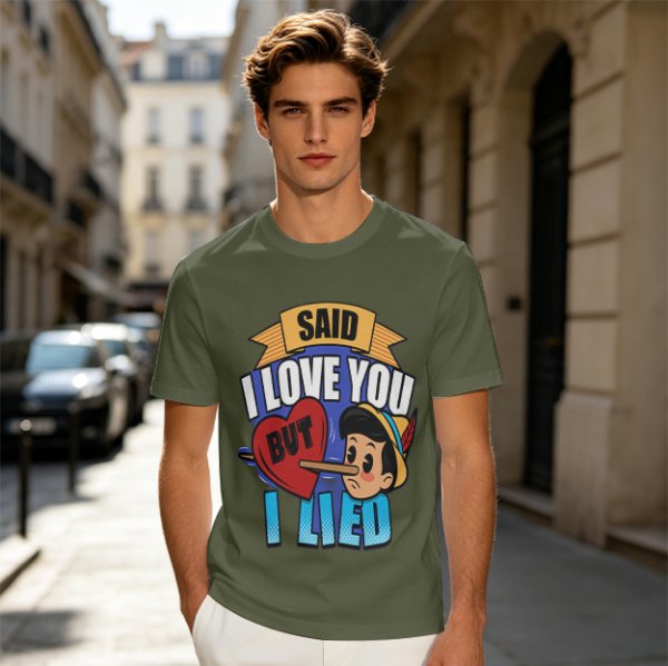 Olive t-shirt with Pinocchio 'Said I Love You But I Lied' print