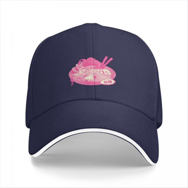 Black baseball cap with pink ramen bowl graphic design