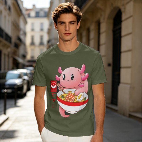 Olive T-Shirt Featuring a Cute Pink Axolotl Eating Ramen