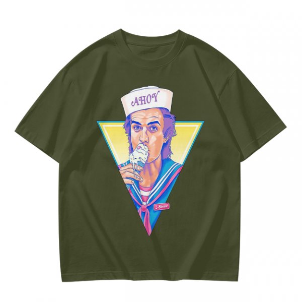 Olive T-Shirt with Steve Harrington Scoops Ahoy Ice Cream Graphic