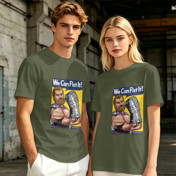 Olive graphic t-shirt with We Can Fist It! armored warrior print