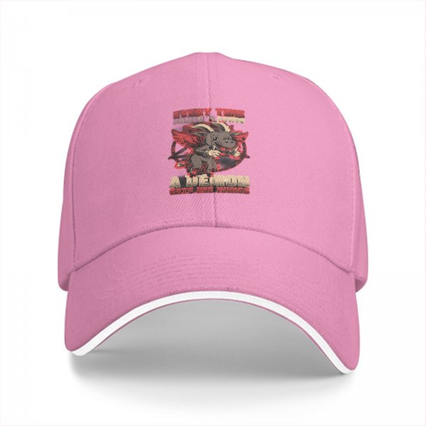 Black baseball cap with cute demon goat graphic and text