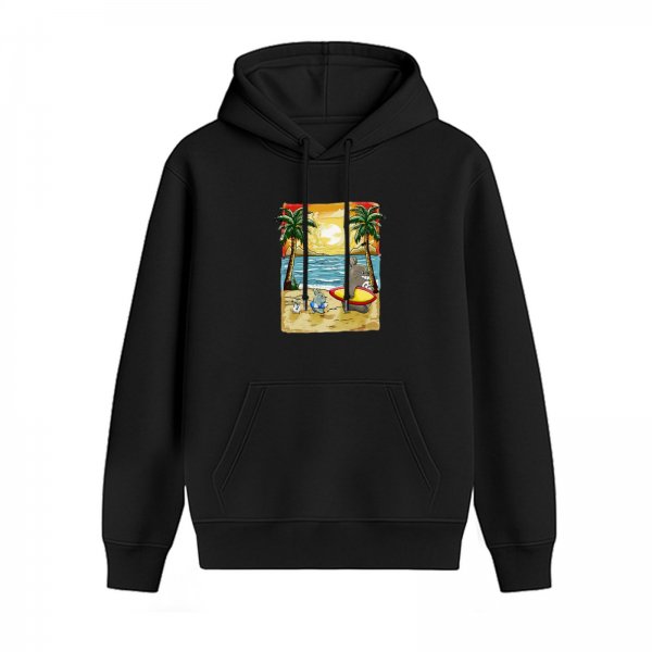 Black Hoodie with Beach Sunset Surfing Animal Graphic Print