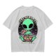 Olive green t-shirt with alien eating pizza text Just Here For The Pizza