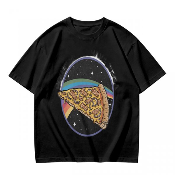 Olive t-shirt with space pizza graphic and Houston have pizza text