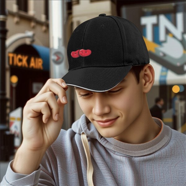 Black Baseball Cap With Red Split Bean Graphic Design