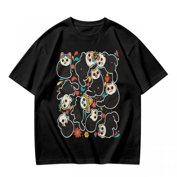Olive T-Shirt With Day Of The Dead Cat Skull Graphic Print