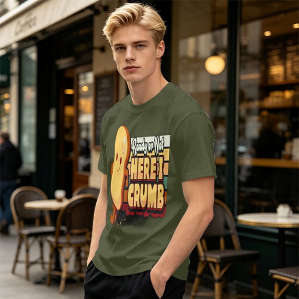 Olive graphic tee with playful bread character and 'Ready or Not Here I Crumb' text