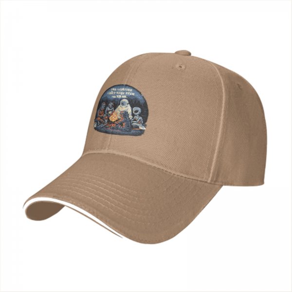 Black baseball cap with cryptid alien campfire graphic design