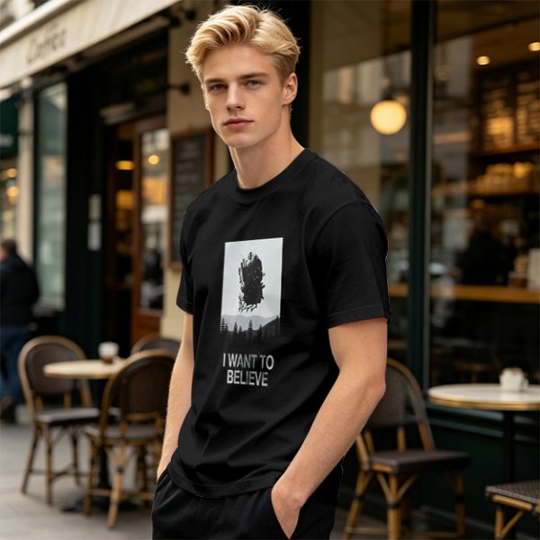 Olive t-shirt with 'I Want To Believe' UFO landscape print