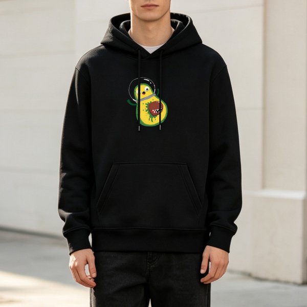 Black hoodie with a cartoon avocado astronaut graphic