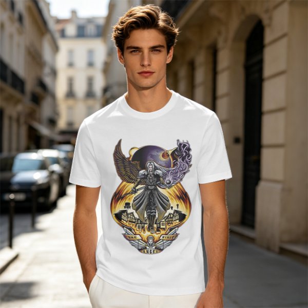 Olive T-shirt with dark fantasy winged warrior graphic print
