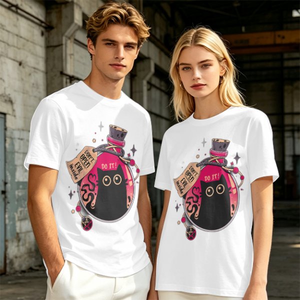 Olive T-shirt with a potion bottle holding a black cat that says don't open evil inside do it