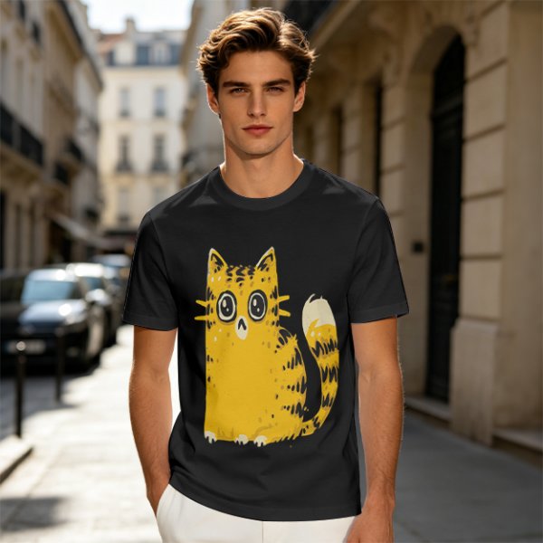 Olive Green T-Shirt With Cute Surprised Yellow Tabby Cat Graphic