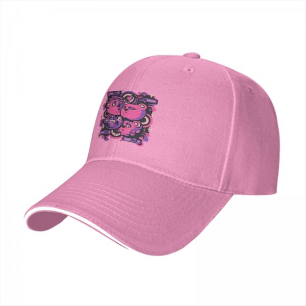 Black baseball cap with pink and purple bear graphic print