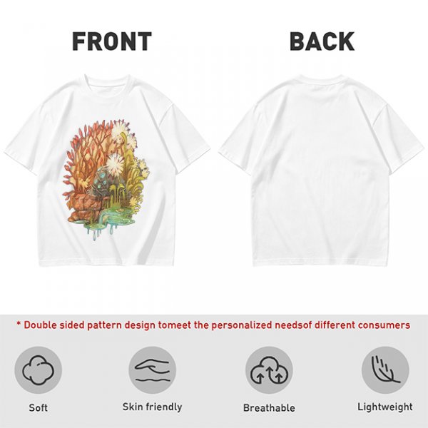 Olive Green T-Shirt with Whimsical Nature Floral and Rock Art Print