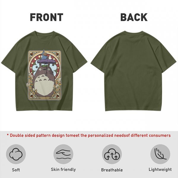 Olive Green T-Shirt With My Neighbor Totoro Art Nouveau Print