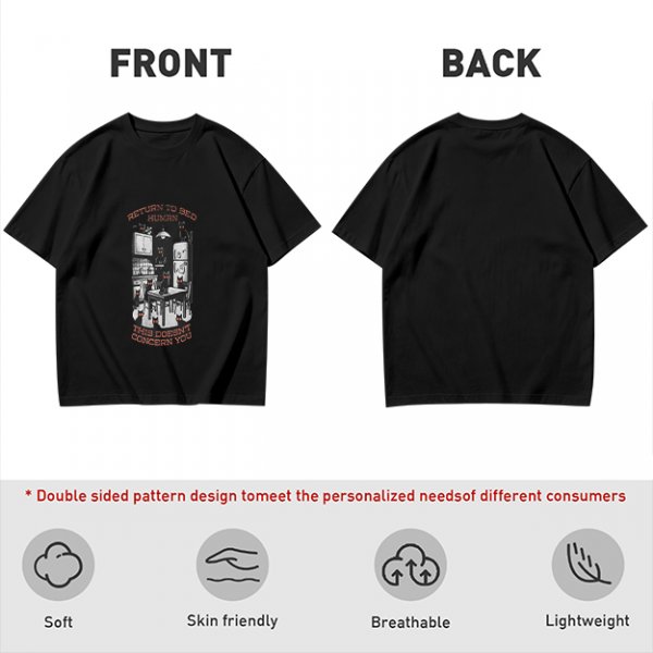 Olive t-shirt with cat kitchen graphic and 'Return to bed human' text