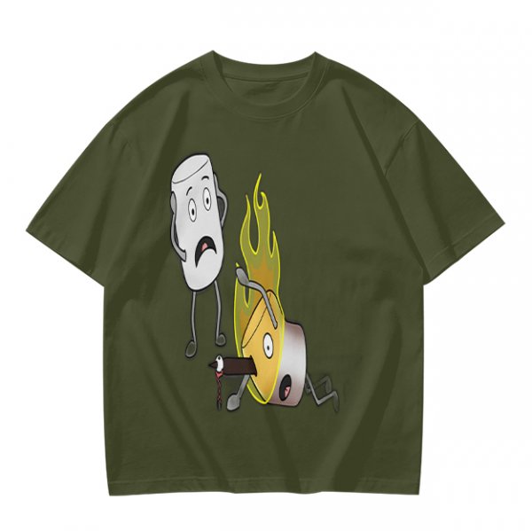 Olive T-Shirt With Cartoon Marshmallow and Burning Character Print