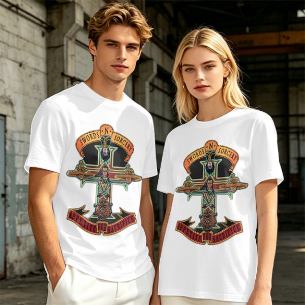 Olive graphic t-shirt with swords n sorcery appetite for sacrifice cross design