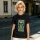 Olive green t-shirt with 'Don't Trust The Wizard' robot graphic print