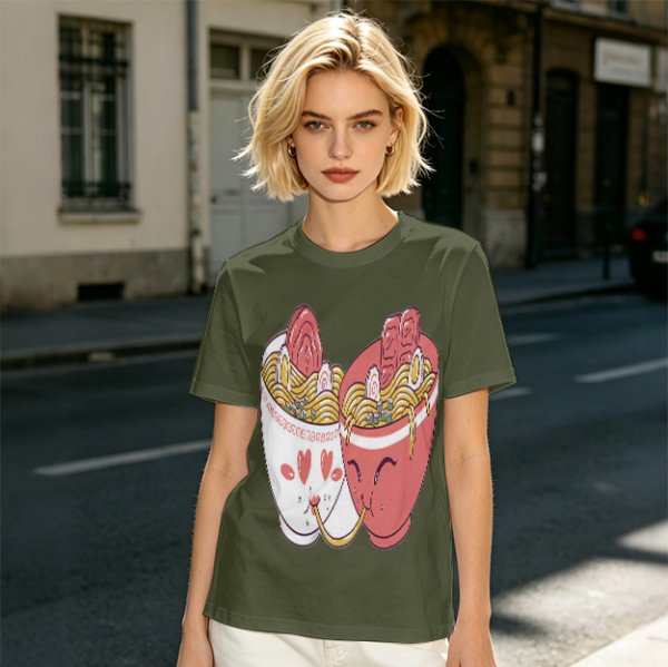 Olive T-Shirt With Cute Ramen Cups In Love Graphic
