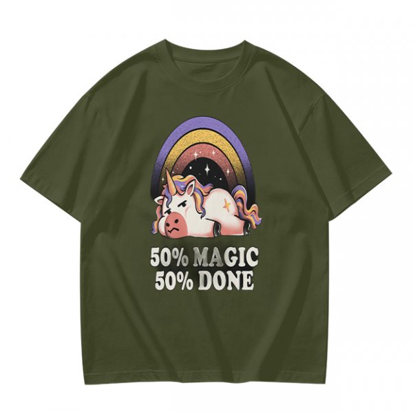 Olive T-Shirt With Grumpy Unicorn 50% Magic 50% Done Print