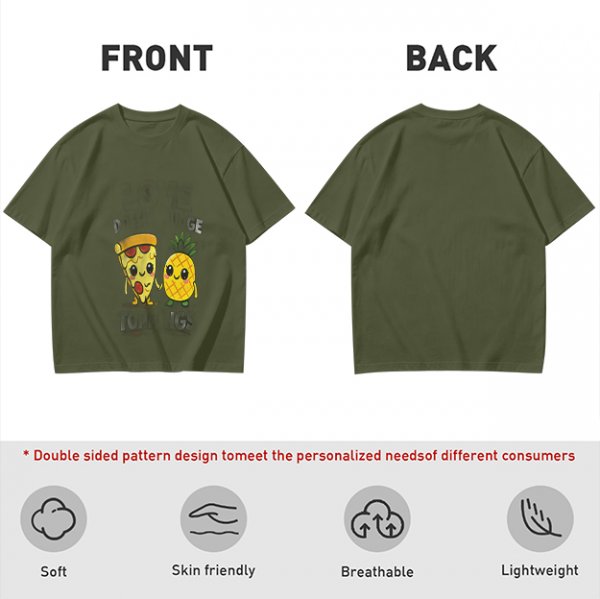 Olive T-shirt with Cute Pizza and Pineapple Cartoon Print