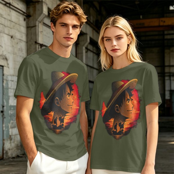 Olive T-Shirt Featuring Monkey D. Luffy Sunset Pirate Ship Art