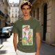 Olive graphic tee with Laser Cats retro comic print of kids holding laser cats