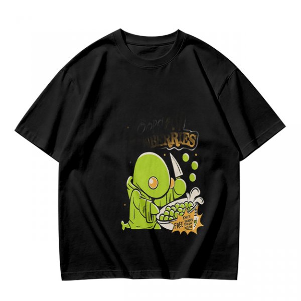 Olive Green T-Shirt With Cute Green Creature Preparing Peas Graphic