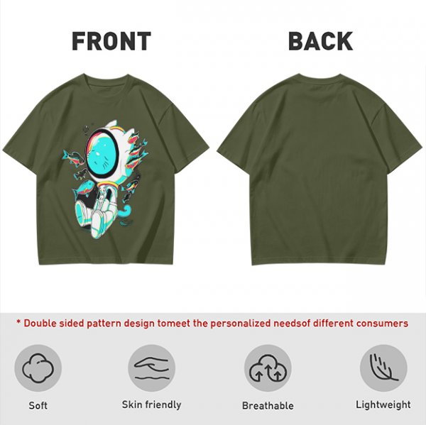 Olive T-Shirt with Astronaut Cat and Fish Graphic Print