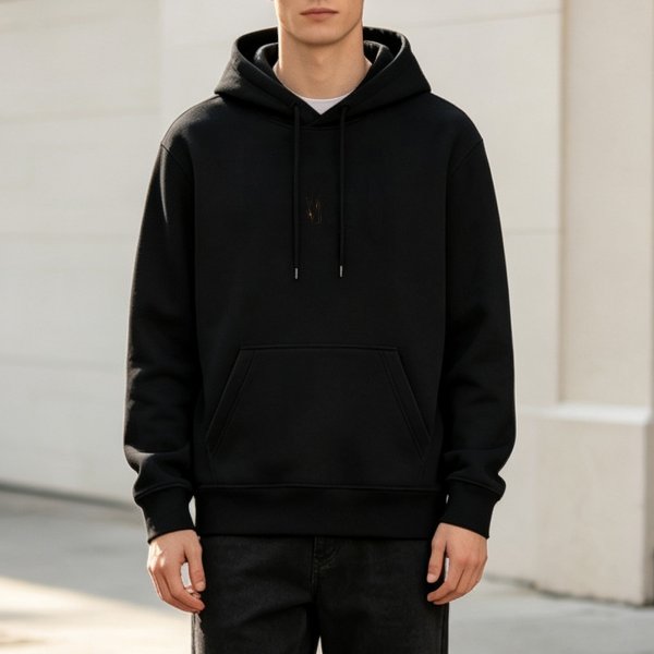 Black Pullover Hoodie With Subtle Gold Graphic Print