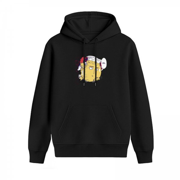 Black hoodie with a bored anime-style character graphic print