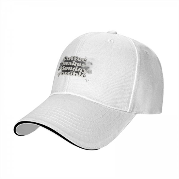 Black baseball cap with 'Coffee makes Mondays possible' print