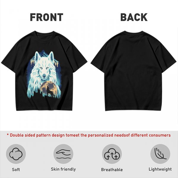 Olive T-Shirt With White Wolf And Howling Wolf Moon Graphic