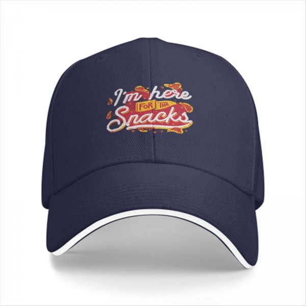 Black baseball cap with I'm here for the snacks graphic print