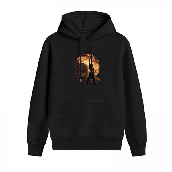 Black hoodie with fantasy warrior silhouette and swirling fiery artwork