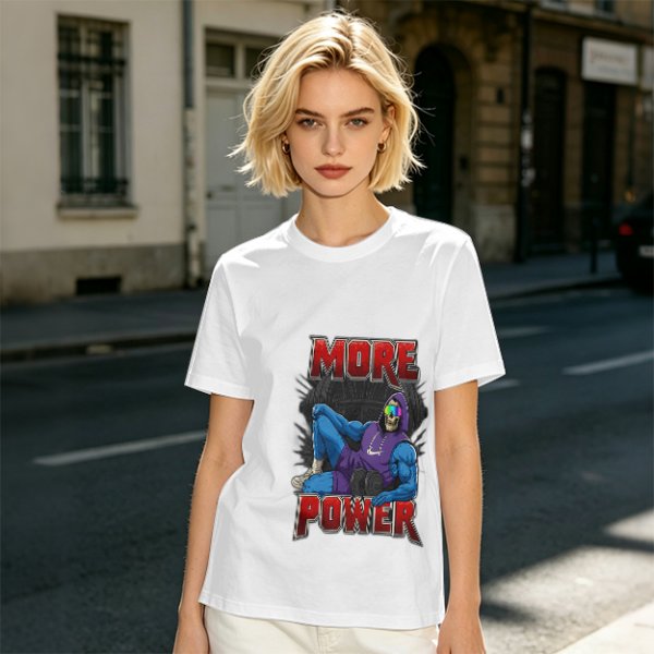Olive Graphic T-Shirt with 'MORE POWER' and Muscular Skeleton Character
