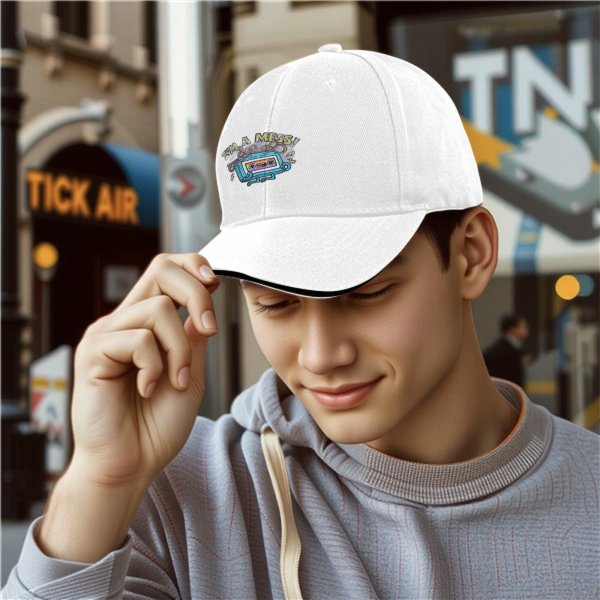 Black baseball cap with retro cassette tape 'I'm a Mess' graphic