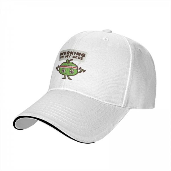Black baseball cap with 'Working On My Core' fitness apple graphic
