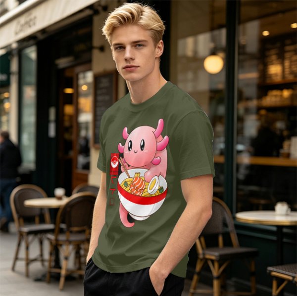 Olive T-Shirt Featuring a Cute Pink Axolotl Eating Ramen
