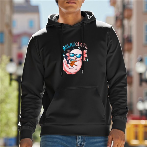 Black hoodie with a relaxed axolotl graphic and 'RELAXOLOTL' text