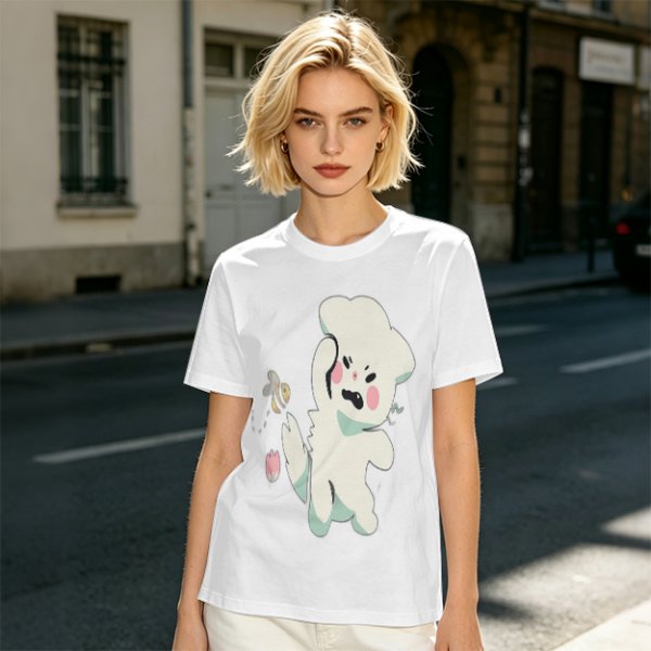 Olive T-Shirt With Angry Fluffy White Creature Swatting At Bee Print
