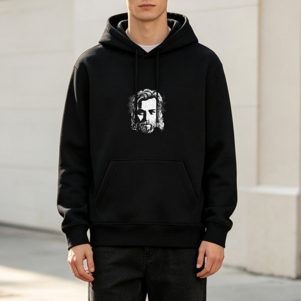 Black Hoodie With Bearded Man Portrait Graphic Print