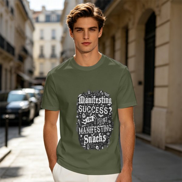 Olive T-Shirt With Funny Manifesting Snacks Success Quote Print