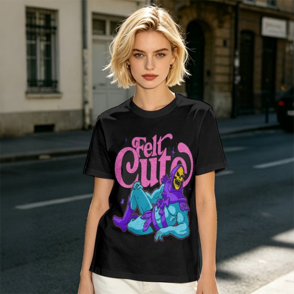 Olive t-shirt with 'Felt Cute' Skeletor graphic print