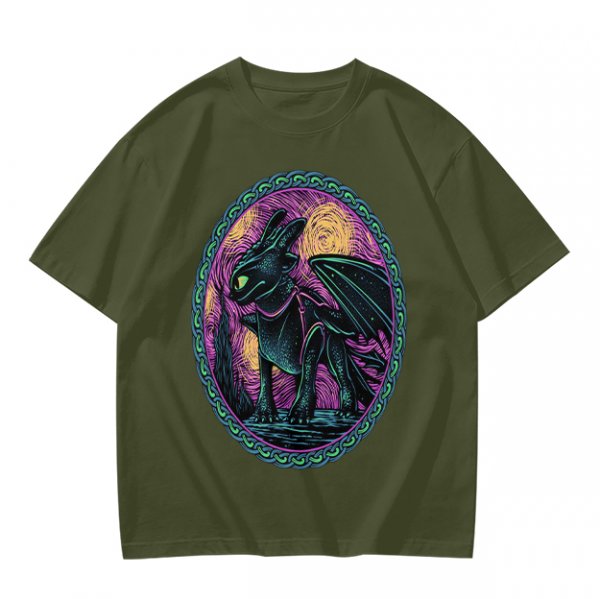 Olive T-Shirt Featuring Stylized Night Dragon In Swirling Oval Art