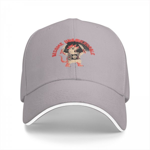 Black baseball cap with punk rat graphic and 'Become Ungovernable' text