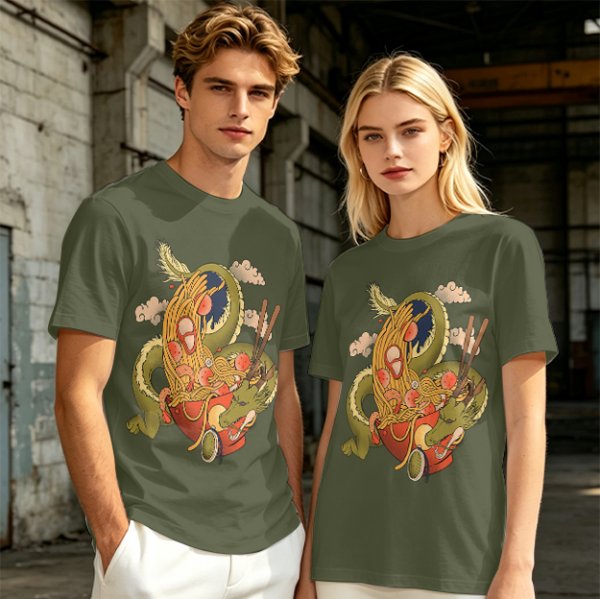Olive T-Shirt With Japanese Ramen Dragon Artwork